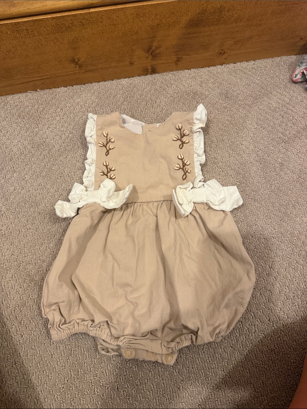 Beige Ruffle-Trim Embroidered Baby Romper